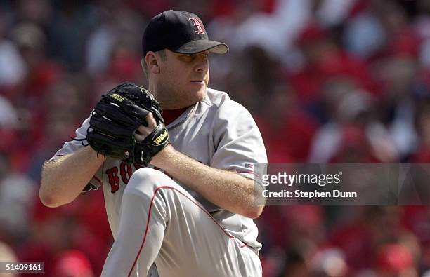 Starting pitcher Curt Schilling of the Boston Red Sox delivers a pitch against the Anaheim Angels during the the American League Division Series,...