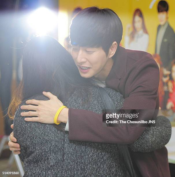 Park Hae-jin attends the tvN drama "Cheese in the Trap" free hugs event at Sookmyung Women's University on February 12, 2016 in Seoul, South Korea.