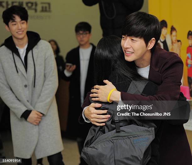 Park Hae-jin attends the tvN drama "Cheese in the Trap" free hugs event at Sookmyung Women's University on February 12, 2016 in Seoul, South Korea.