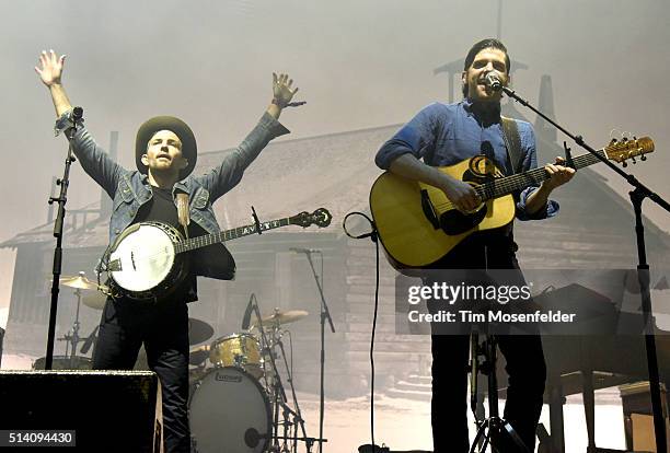 Scott Avett and Seth Avett of The Avett Brothers perform during the Okeechobee Music & Arts Festival on March 6, 2016 in Okeechobee, Florida.