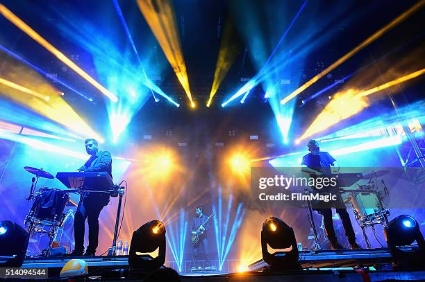 Harrison Mills and Clayton Knight of Odesza perform on stage at the Okeechobee Music & Arts Festival, Day 4, on March 6, 2016 in Okeechobee, Florida.