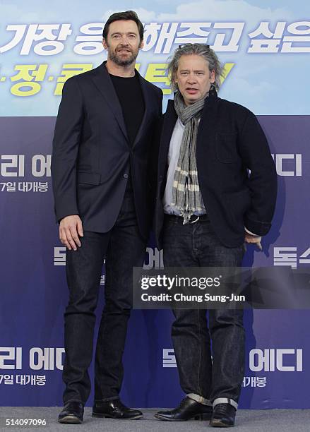 Actor Hugh Jackman and director Dexter Fletcher attend the press conference for 'Eddie The Eagle' on March 7, 2016 in Seoul, South Korea. Hugh...