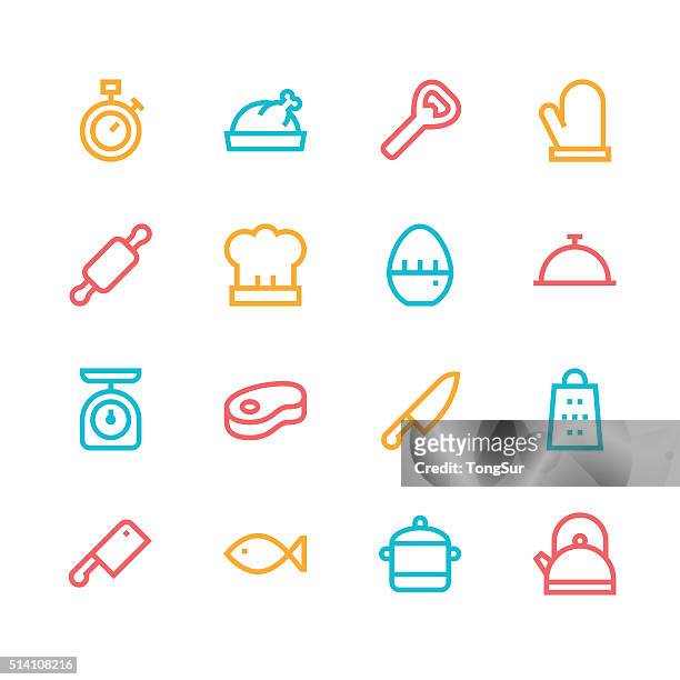 kitchen icons - line - color series - bird chefs hat stock illustrations