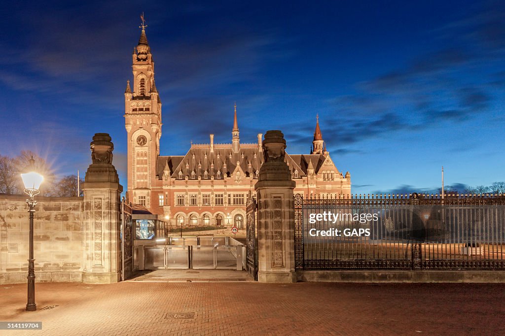 Exterior of The Hague's illuminated Peace Palace