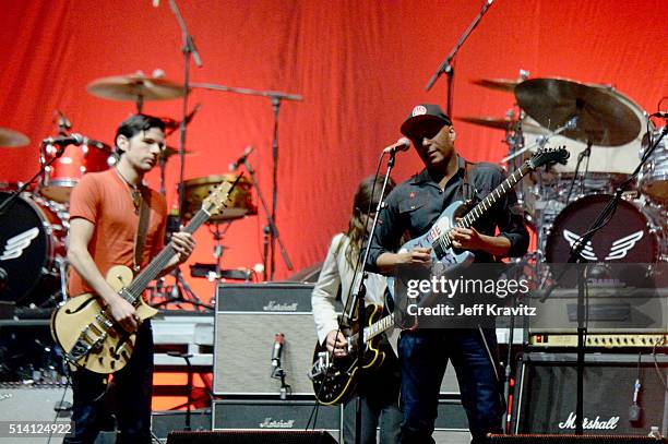 Seth Avett and Tom Morello perform on stage at the Okeechobee Music & Arts Festival, Day 4, on March 6, 2016 in Okeechobee, Florida.