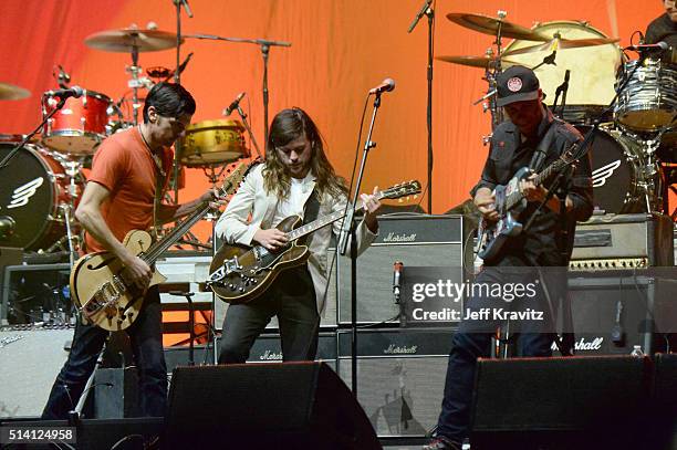 Seth Avett, Winston Marshall and Tom Morello perform on stage at the Okeechobee Music & Arts Festival, Day 4, on March 6, 2016 in Okeechobee, Florida.