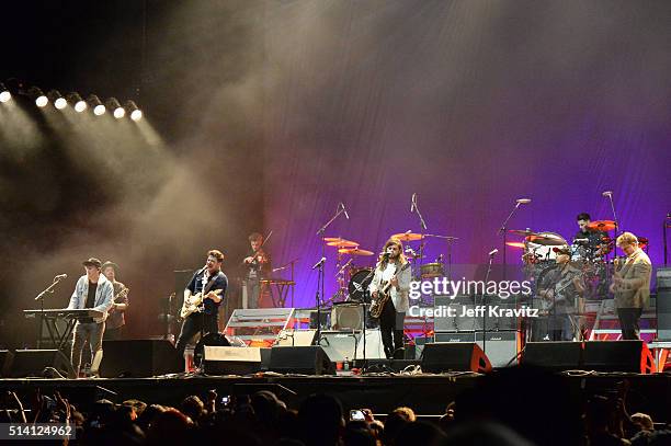 Ben Lovett, Eric Krasno, Marcus Mumford, Winston Marshall, Tom Morello and Ted Dwane perform on stage at the Okeechobee Music & Arts Festival, Day 4,...