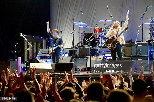 Marcus Mumford and Winston Marshall of Mumford and Sons perform on stage at the Okeechobee Music & Arts Festival, Day 4, on March 6, 2016 in...