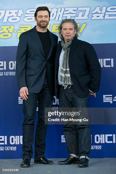 Actor Hugh Jackman and director Dexter Fletcher attend the press conference for 'Eddie The Eagle' on March 7, 2016 in Seoul, South Korea. Hugh...