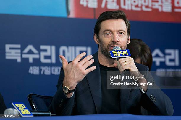 Actor Hugh Jackman attends the press conference for 'Eddie The Eagle' on March 7, 2016 in Seoul, South Korea. Hugh Jackman and Dexter Fletcher is...