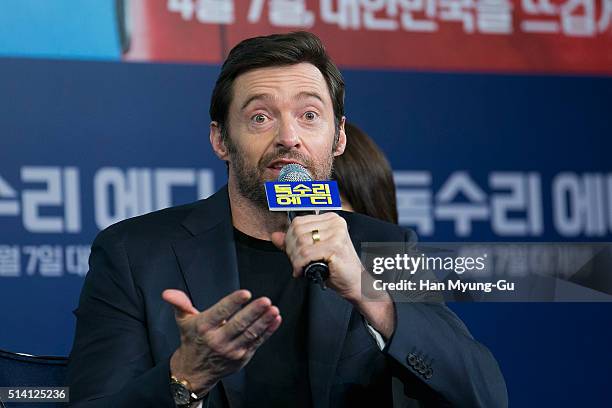 Actor Hugh Jackman attends the press conference for 'Eddie The Eagle' on March 7, 2016 in Seoul, South Korea. Hugh Jackman and Dexter Fletcher is...