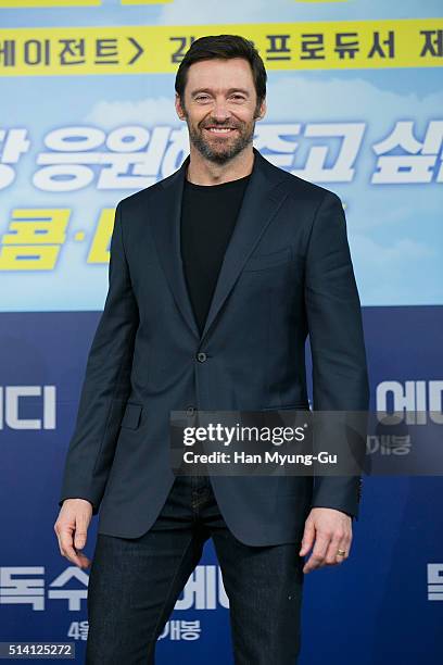 Actor Hugh Jackman attends the press conference for 'Eddie The Eagle' on March 7, 2016 in Seoul, South Korea. Hugh Jackman and Dexter Fletcher is...