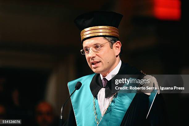 Francesco Ubertini Rector of Alma Mater Studiorum University of Bologna holds his speech during the ceremony of inauguration of the Academic Year at...