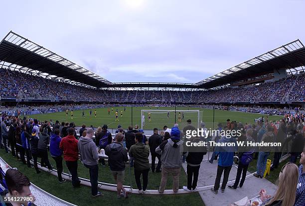 An overview of Avaya Stadium during a MLS Soccer game between the Colorado Rapids and the San Jose Earthquakes on March 6, 2016 in San Jose,...