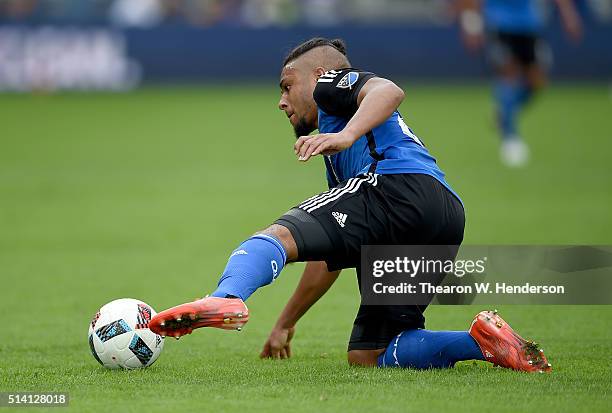 Quincy Amarikwa of San Jose Earthquakes goes down to one knee to gain control of the ball against the Colorado Rapids during their MLS Soccer game in...