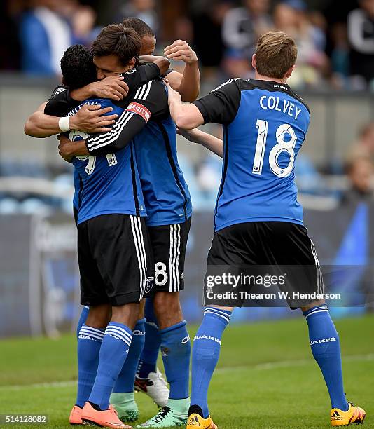 Chris Wondolowski, Victor Bernardez and Alberto Quintero of San Jose Earthquakes celebrates after Wondolowski scored a goal against the Colorado...