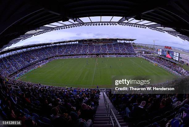 An overview of Avaya Stadium during a MLS Soccer game between the Colorado Rapids and the San Jose Earthquakes on March 6, 2016 in San Jose,...