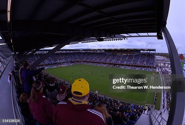 An overview of Avaya Stadium during a MLS Soccer game between the Colorado Rapids and the San Jose Earthquakes on March 6, 2016 in San Jose,...