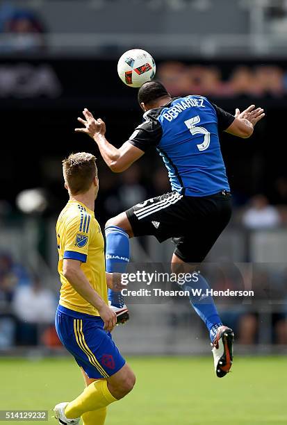 Victor Bernardez of San Jose Earthquakes hits a header against Colorado Rapids during their MLS Soccer game in the first half at Avaya Stadium on...