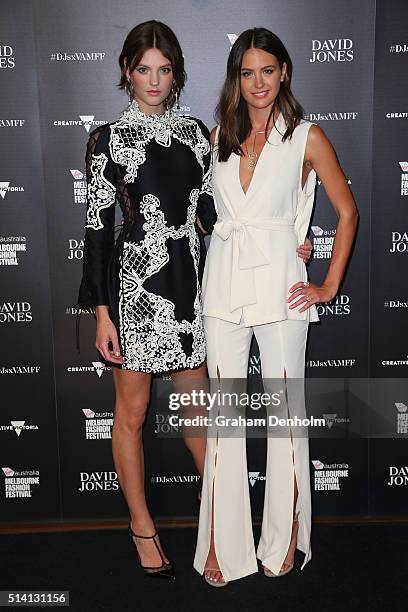 Montana Cox and Jesinta Campbell pose as they arrive for the David Jones opening event as part of Virgin Australia Melbourne Fashion Festival on...