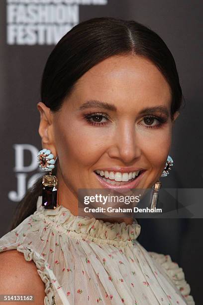 Kyly Clarke poses as she arrives for the David Jones opening event as part of Virgin Australia Melbourne Fashion Festival on March 7, 2016 in...