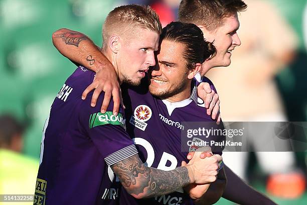 Josh Risdon of the Glory celebrates a goal with Andy Keogh during the round 22 A-League match between the Perth Glory and the Newcastle Jets at nib...