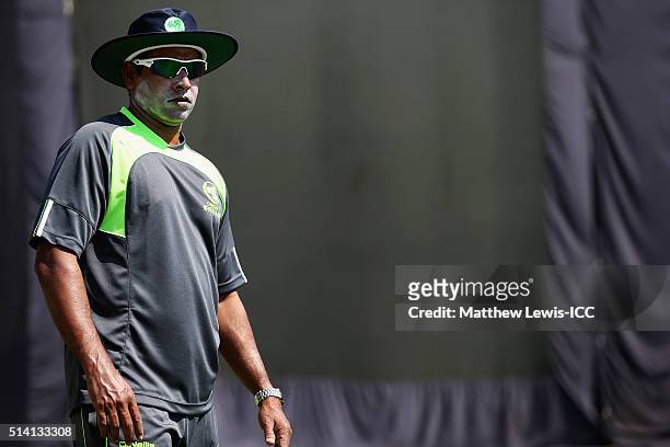 Bowling coach Chaminda Vaas of Ireland in action during a Training Session ahead of the ICC Twenty20 World Cup at HPCA Stadium on March 7, 2016 in...
