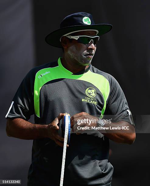 Bowling coach Chaminda Vaas of Ireland in action during a Training Session ahead of the ICC Twenty20 World Cup at HPCA Stadium on March 7, 2016 in...