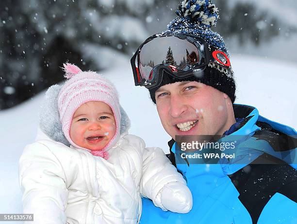 Prince William, Duke of Cambridge and Princess Charlotte, enjoy a short private skiing break on March 3, 2016 in the French Alps, France.