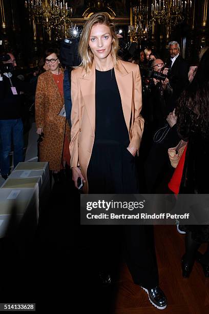 Model Anja Rubik attends the Stella McCartney show as part of the Paris Fashion Week Womenswear Fall/Winter 2016/2017. Held at Grand Palais on March...