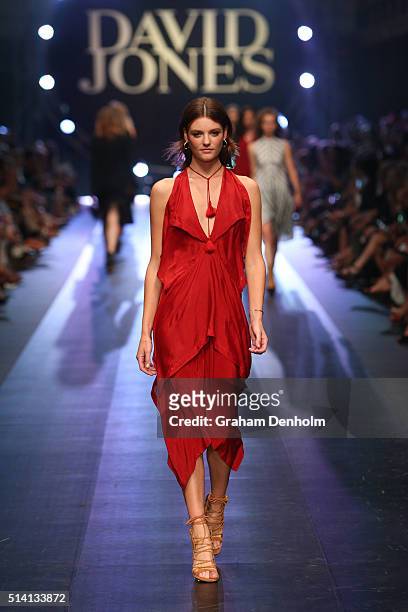 Montana Cox showcases designs by KitX on the runway during the David Jones opening event as part of Virgin Australia Melbourne Fashion Festival on...