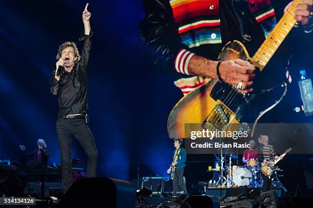 Mick Jagger of The Rolling Stones performs at Estadio Monumental on March 6, 2016 in Lima, Peru.