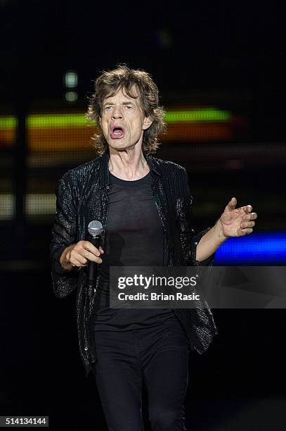 Mick Jagger of The Rolling Stones performs at Estadio Monumental on March 6, 2016 in Lima, Peru.