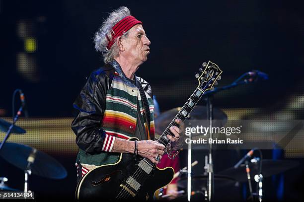 Keith Richards of The Rolling Stones performs at Estadio Monumental on March 6, 2016 in Lima, Peru.