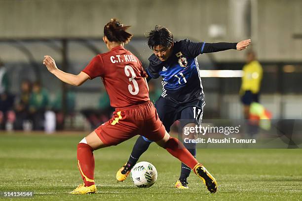 Shinobu Ohno of Japan shoots at goal during the AFC Women's Olympic Final Qualification Round match between Vietnam and Japan at Kincho Stadium on...