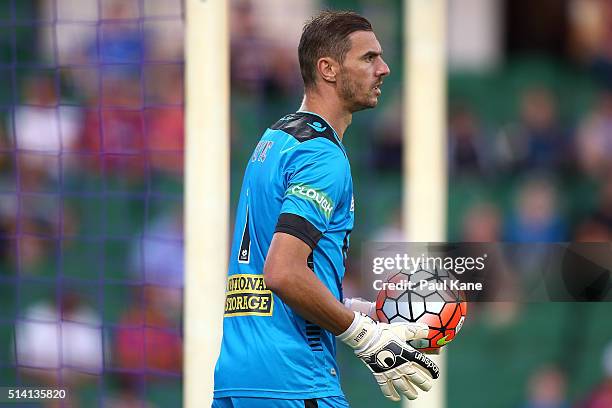 Ante Covic of the Glory looks to kick the ball out during the round 22 A-League match between the Perth Glory and the Newcastle Jets at nib Stadium...