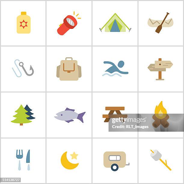 stockillustraties, clipart, cartoons en iconen met camping icons — poly series - wandelen bos