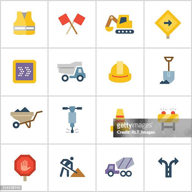 road construction icons — poly series - traffic jam lots of trucks stock illustrations