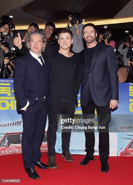 Director Dexter Fletcher, Taron Egerton and actor Hugh Jackman attend the premiere for 'Eddie The Eagle' on March 7, 2016 in Seoul, South Korea....