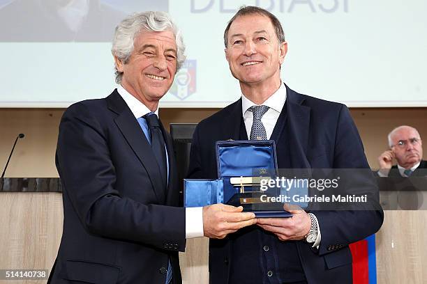 Gianni Rivera president of the Youth and School FIGC during the "Panchina D'oro season 2014-2015" Gianni De Biasi manager of Albania won the gold...