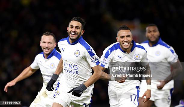 Riyad Mahrez of Leicester City celebrates after scoring to make it 0-1 during the Premier League match between Watford and Leicester City at Vicarage...