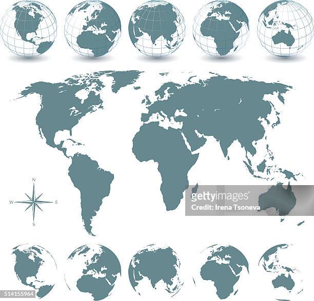 globe-set und welt karte - globus stock-grafiken, -clipart, -cartoons und -symbole
