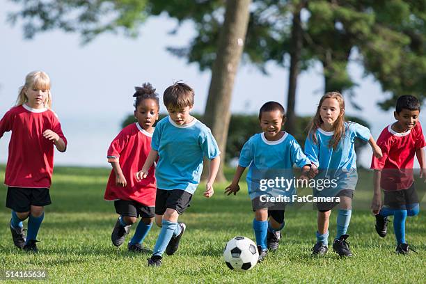 little boy kicking a soccer ball - kids' soccer stock pictures, royalty-free photos & images