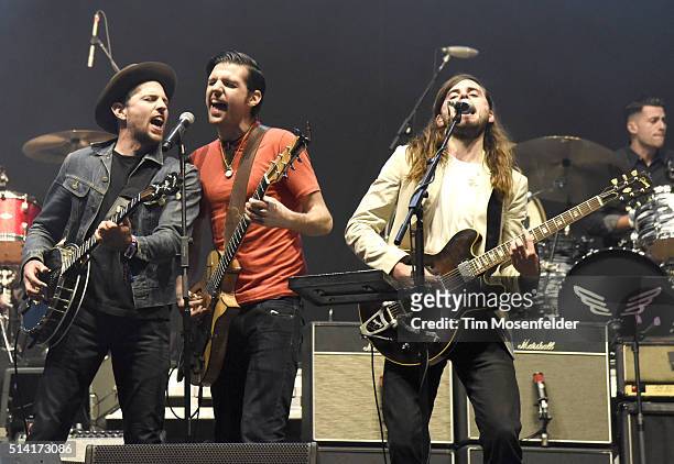 Scott Avett, Seth Avett, and Winston Marshall of Mumford & Sons perform during the Powow at the Okeechobee Music & Arts Festival on March 6, 2016 in...