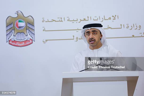 March 07: United Arab Emirates Foreign Minister Abdullah bin Zayed Al Nahyan speaks to the media during a press conference with German Foreign...