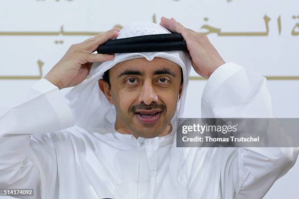 March 07: United Arab Emirates Foreign Minister Abdullah bin Zayed Al Nahyan speaks to the media during a press conference with German Foreign...