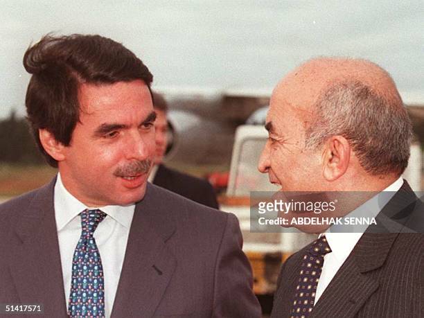 Spanish Prime Minister Jose Maria Aznar is greeted by his Moroccan counterpart Abderrahmane Youssoufi in Rabat 26 April upon his arrival for a...