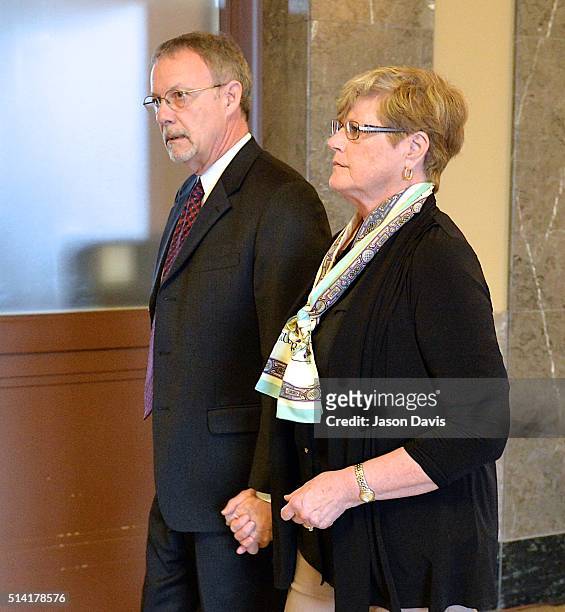 Paula Andrews and Steve Andrews, parents of Sportscaster and television personality Erin Andrews exit court on March 7, 2016 in Nashville, Tennessee....