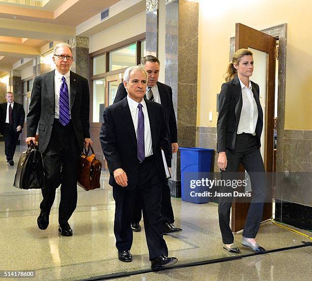 Attorneys Randy Kinnard, Bruce Broillet and Scott Carr accompany Sportscaster and television personality Erin Andrews into court on March 7, 2016 in...