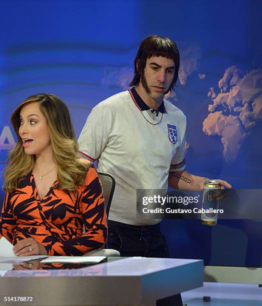 Satcha Pretto and Sacha Baron Cohen on the set of Univision's "Despierta America" to promote "The Brothers Grimsby" at Univision Studios on March 7,...